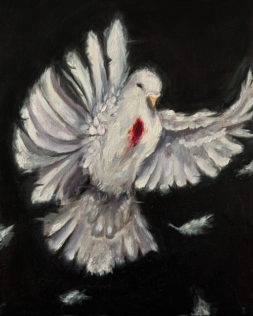 Painting of a dove with a wound on its chest against a black background