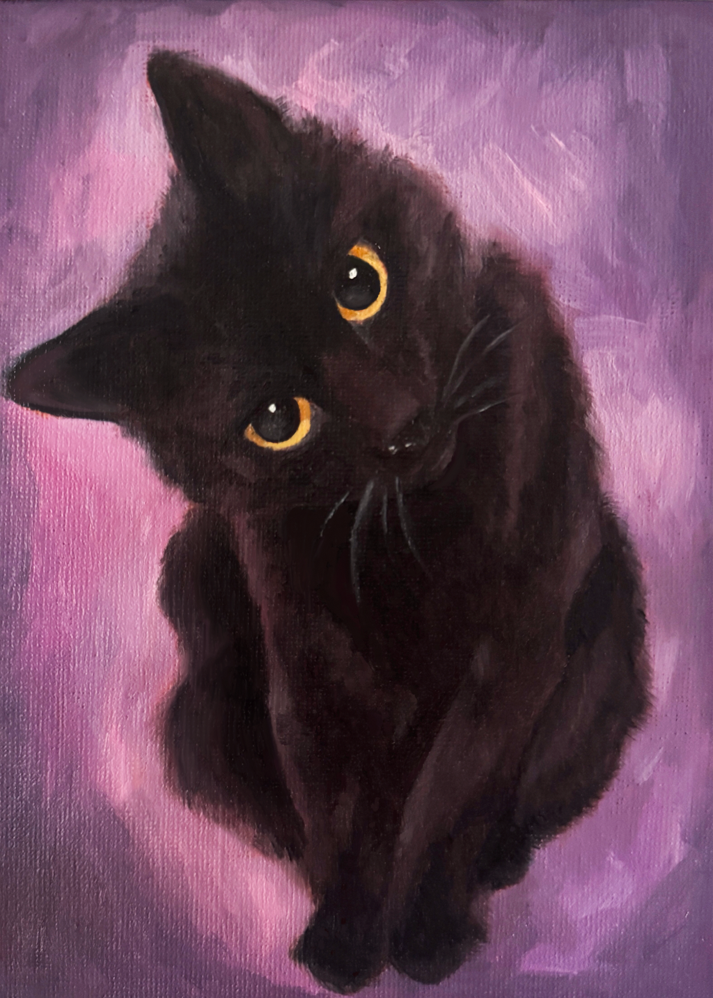 Art Print of a black cat with yellow eyes on a purple background