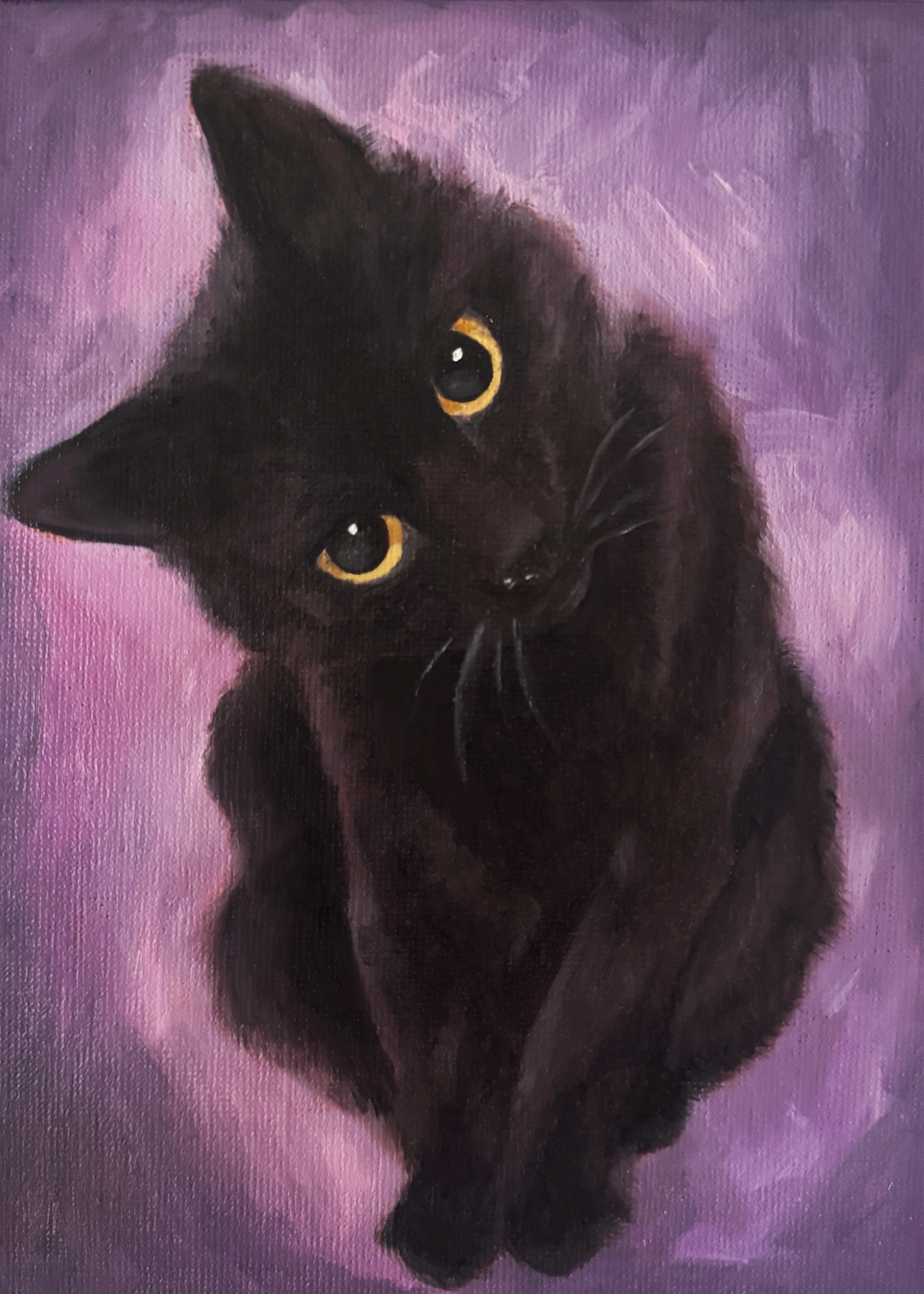 Art Print of a black cat with yellow eyes on a purple background