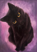 Oil painting of a black cat with yellow eyes and a purple and pink background