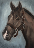 Painting of a horse with a bridle on a gray background