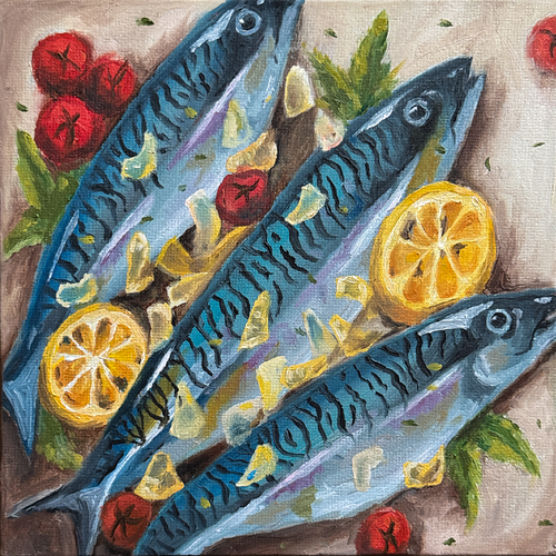 Oil Painting of three blue fish with lemon slices and tomatoes on a textured surface