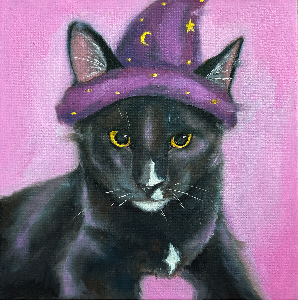 Oil Painting of a black cat wearing a purple witch hat with stars on a pink background