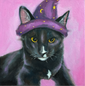 Oil Painting of a black cat wearing a purple witch hat with stars on a pink background