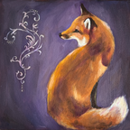 Painting of a fox on a purple background with ornamental elements