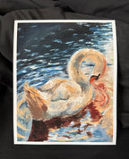 Art Print of a swan swimming with a dark background