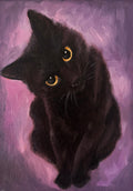 Painting of a black cat with yellow eyes on a purple background