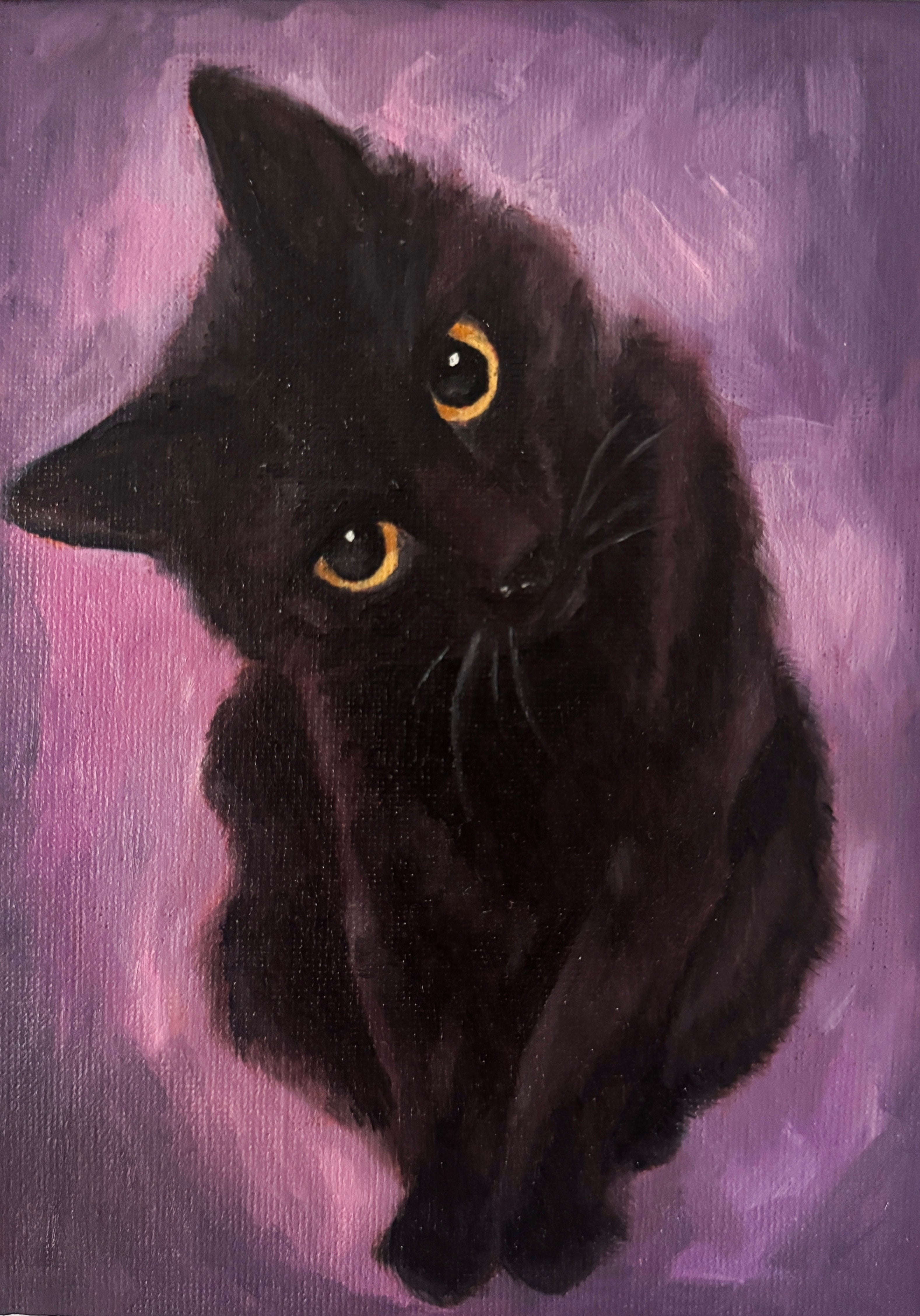 Painting of a black cat with yellow eyes on a purple background