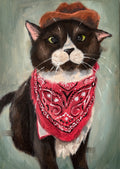 A painted portrait of a black-and-white cat wearing a brown hat and a red bandana with black paisley-style patterns, set against a muted blue-green background.