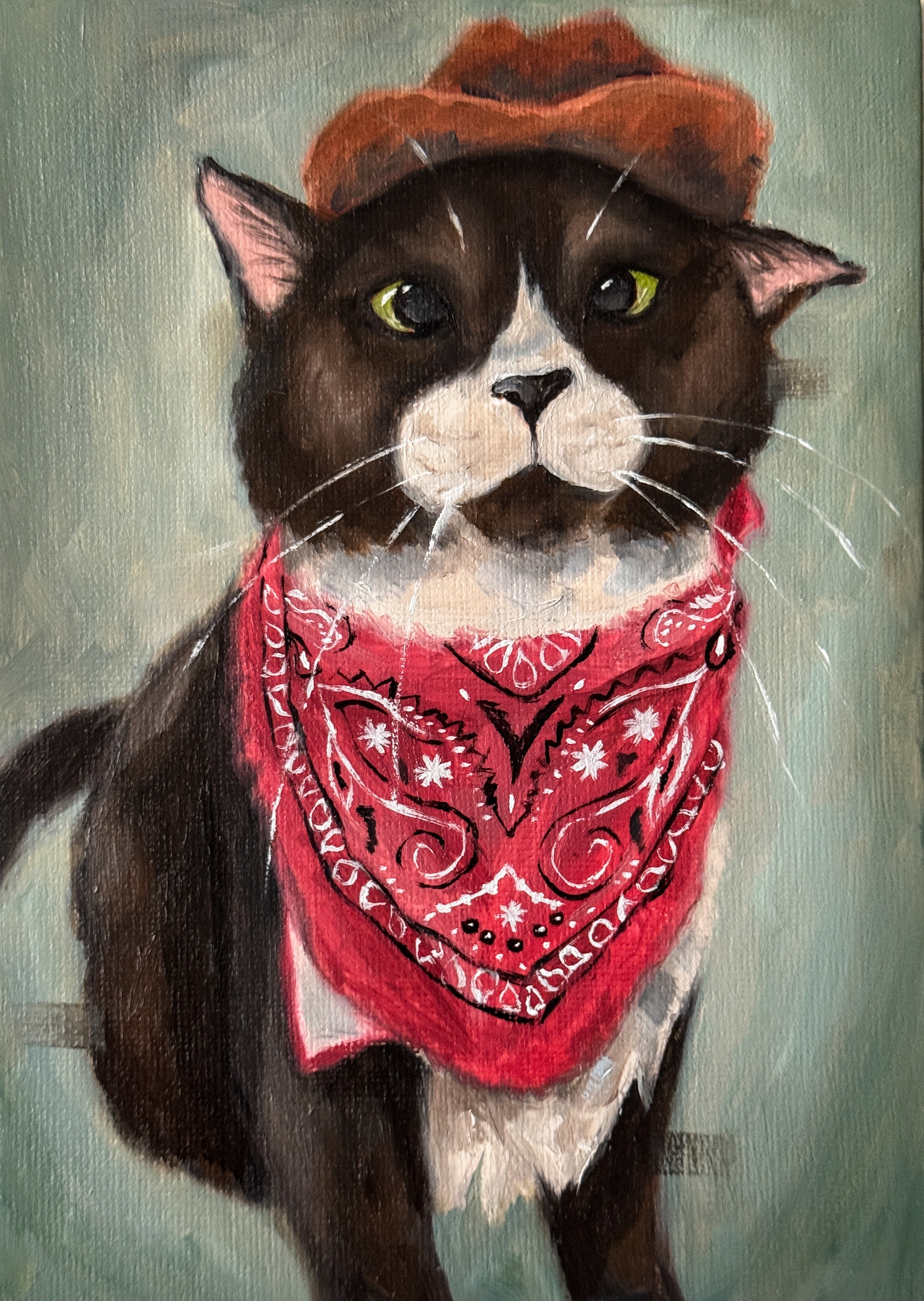 A painted portrait of a black-and-white cat wearing a brown hat and a red bandana with black paisley-style patterns, set against a muted blue-green background.