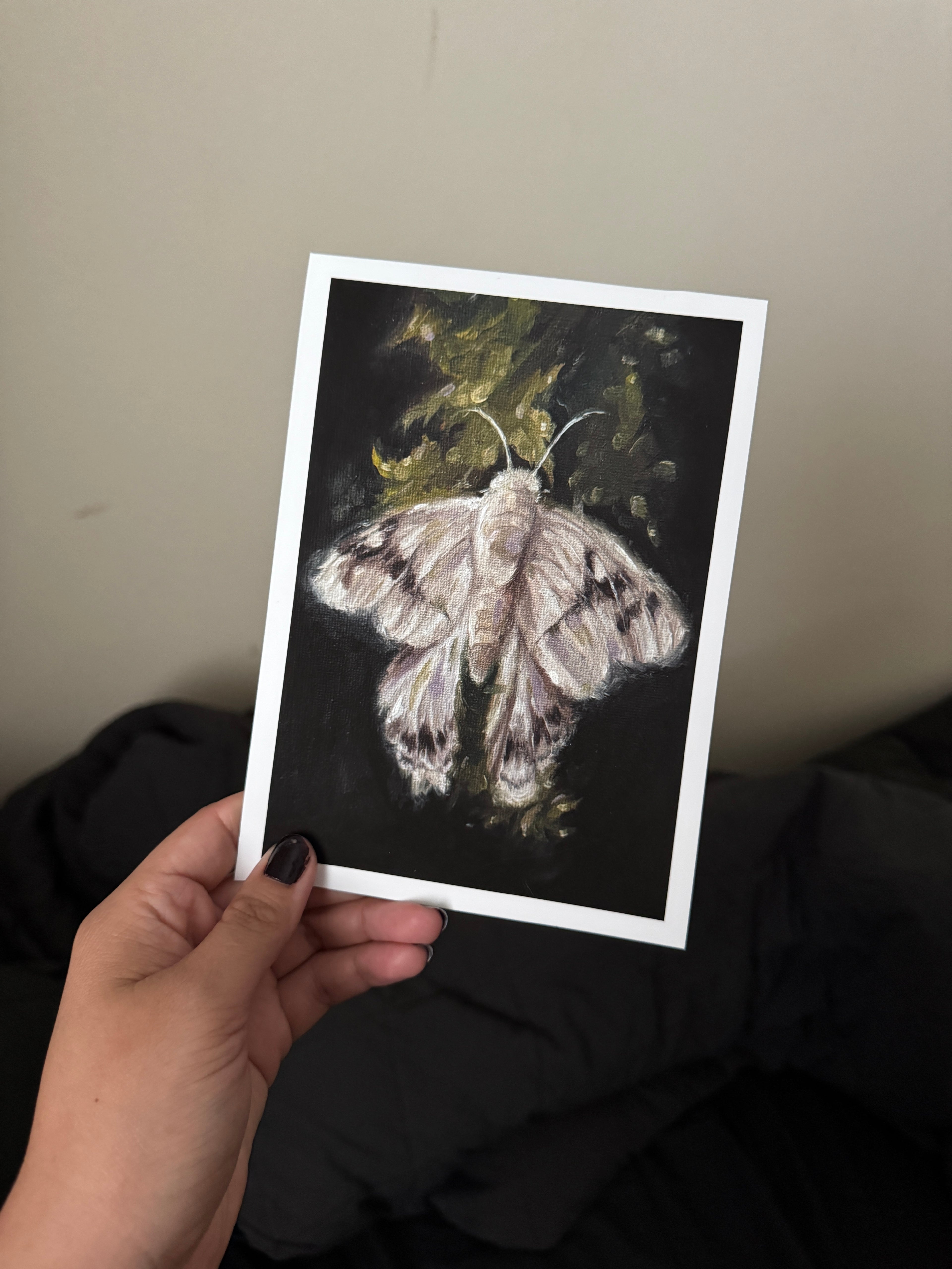 A hand holding a square art print featuring a detailed painting of a pale moth against a dark background with green highlights.