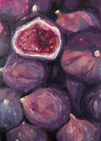 Oil painting of figs with a focus on one cut open fig.
