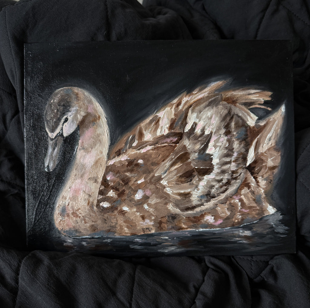 oil painting of a swan on a black background