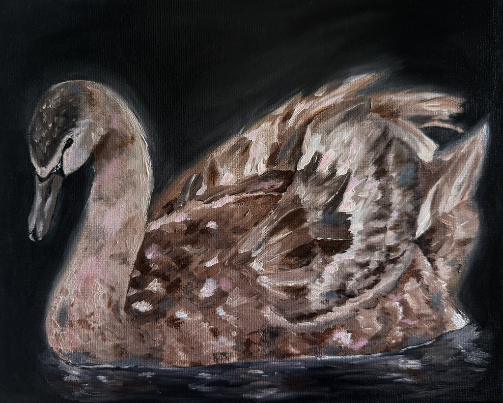 Artistic depiction of a swan on water with a dark background