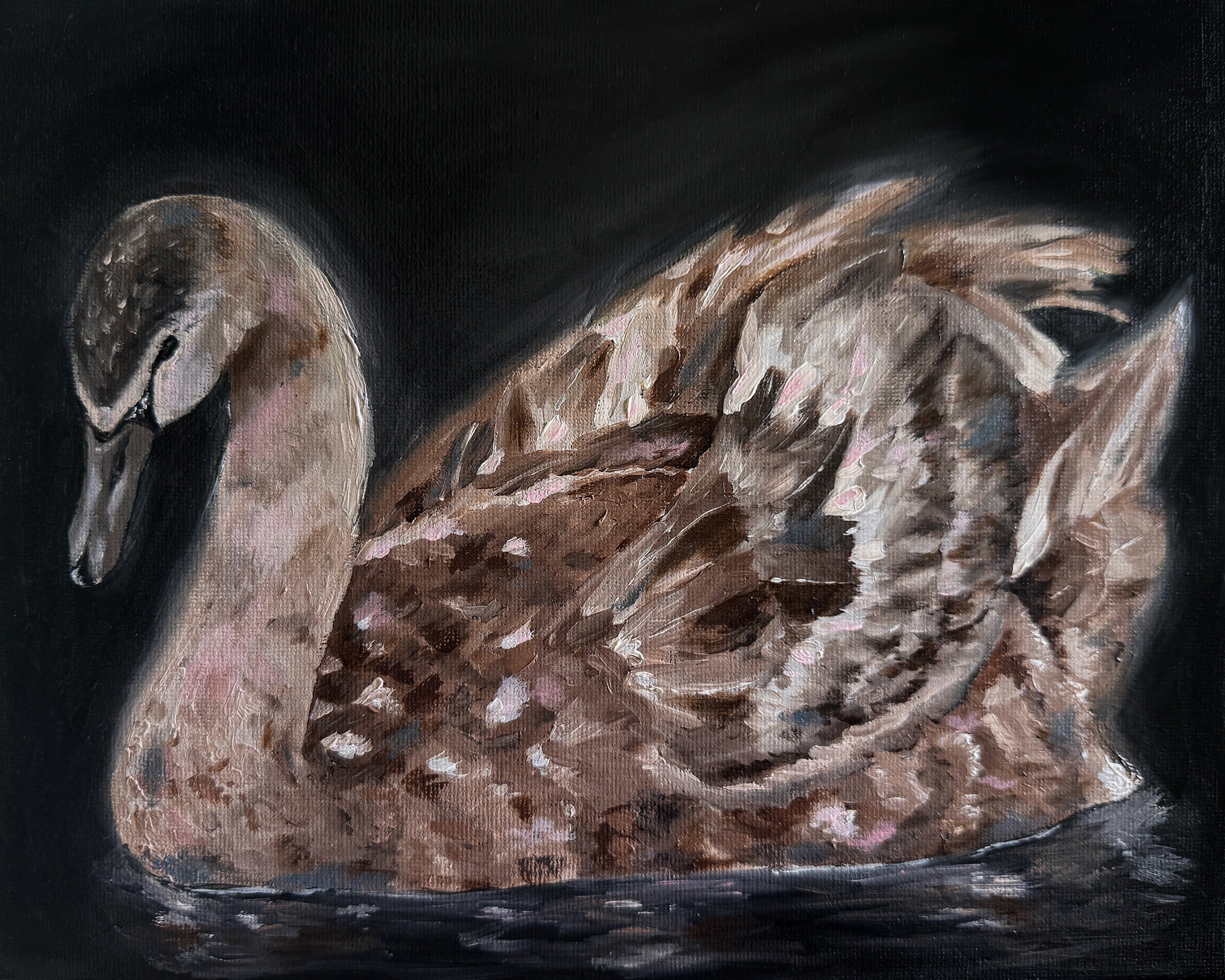 Artistic depiction of a swan on water with a dark background