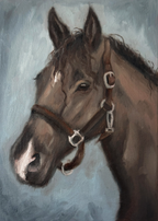 Art Print of a dark Brown horse with a bridle with a light blue background