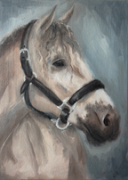 Art Print of a horse's head with a bridle on a gray background