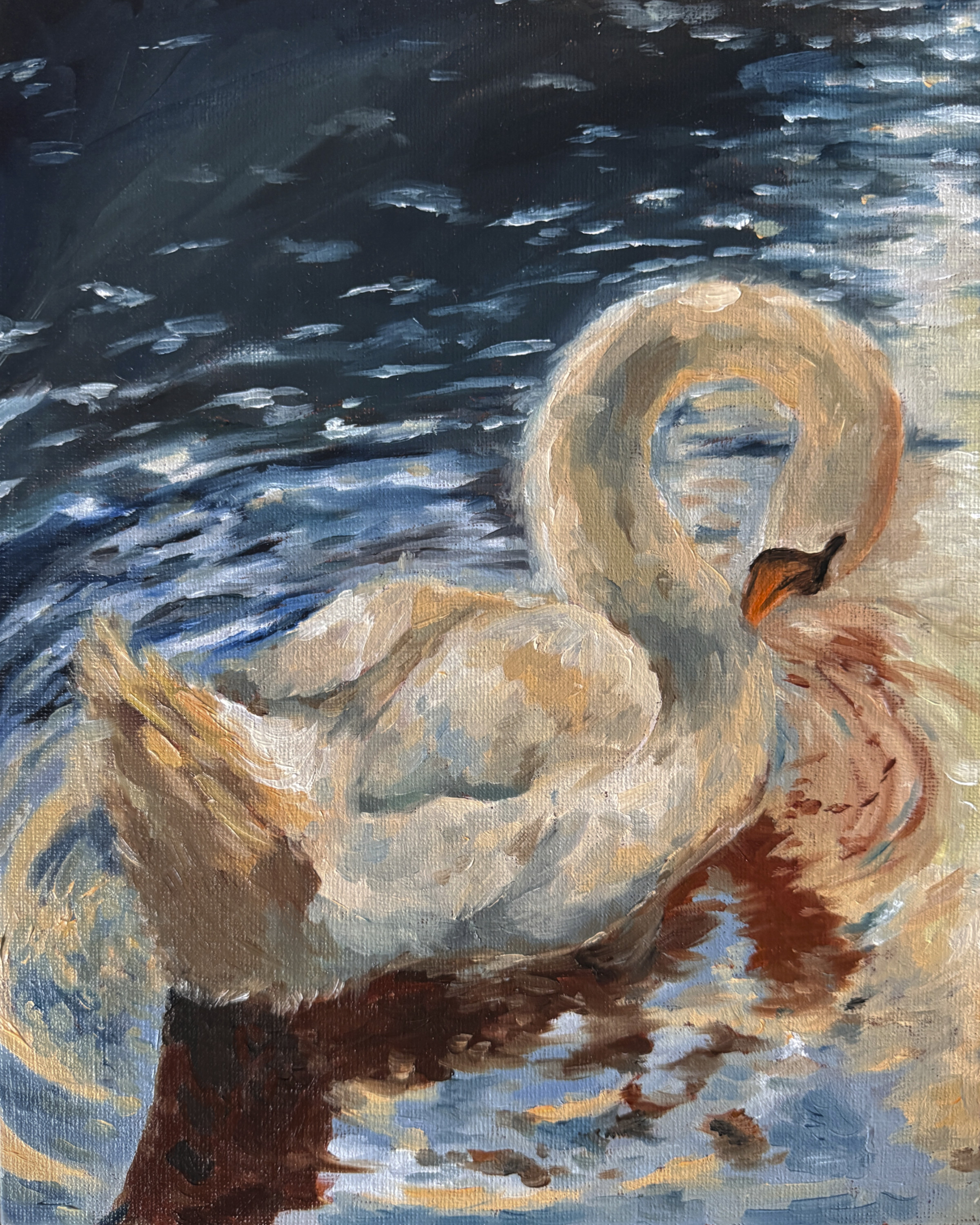Oil Painting of a swan on water with a dark background