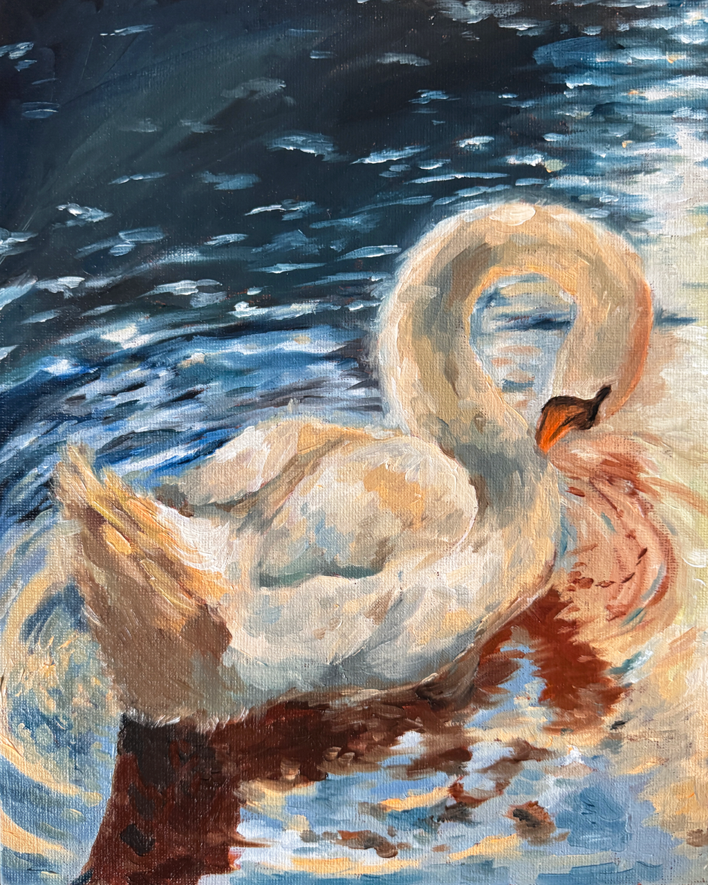 Print of an Original oil painting of a swan on water with a dark background