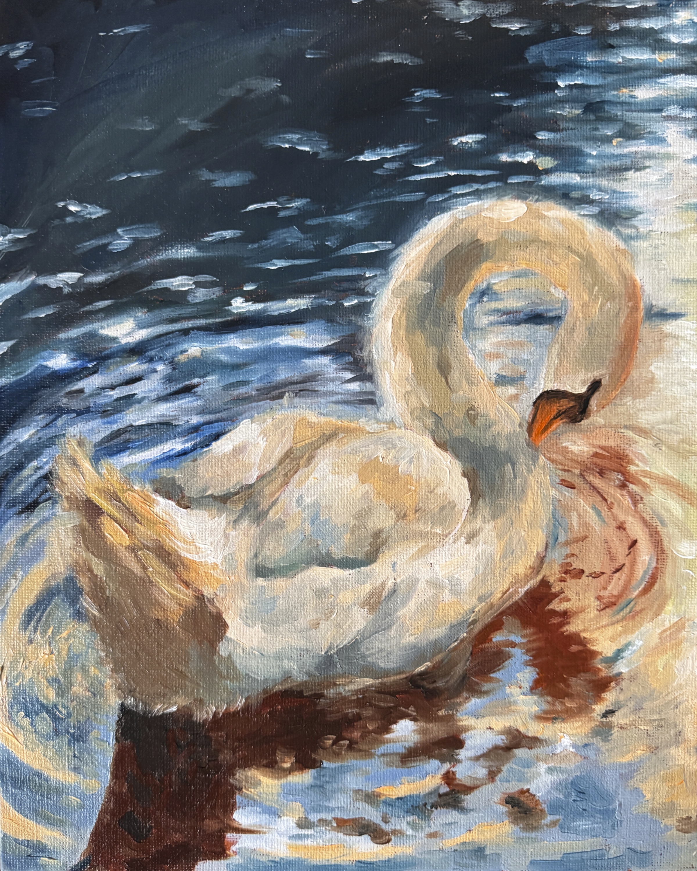 Print of an Original oil painting of a swan on water with a dark background