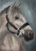 Oil Painting of a horse wearing a bridle on a gray background