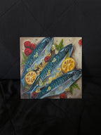 Oil Painting of mackerel fish with lemons and tomatoes on a dark background