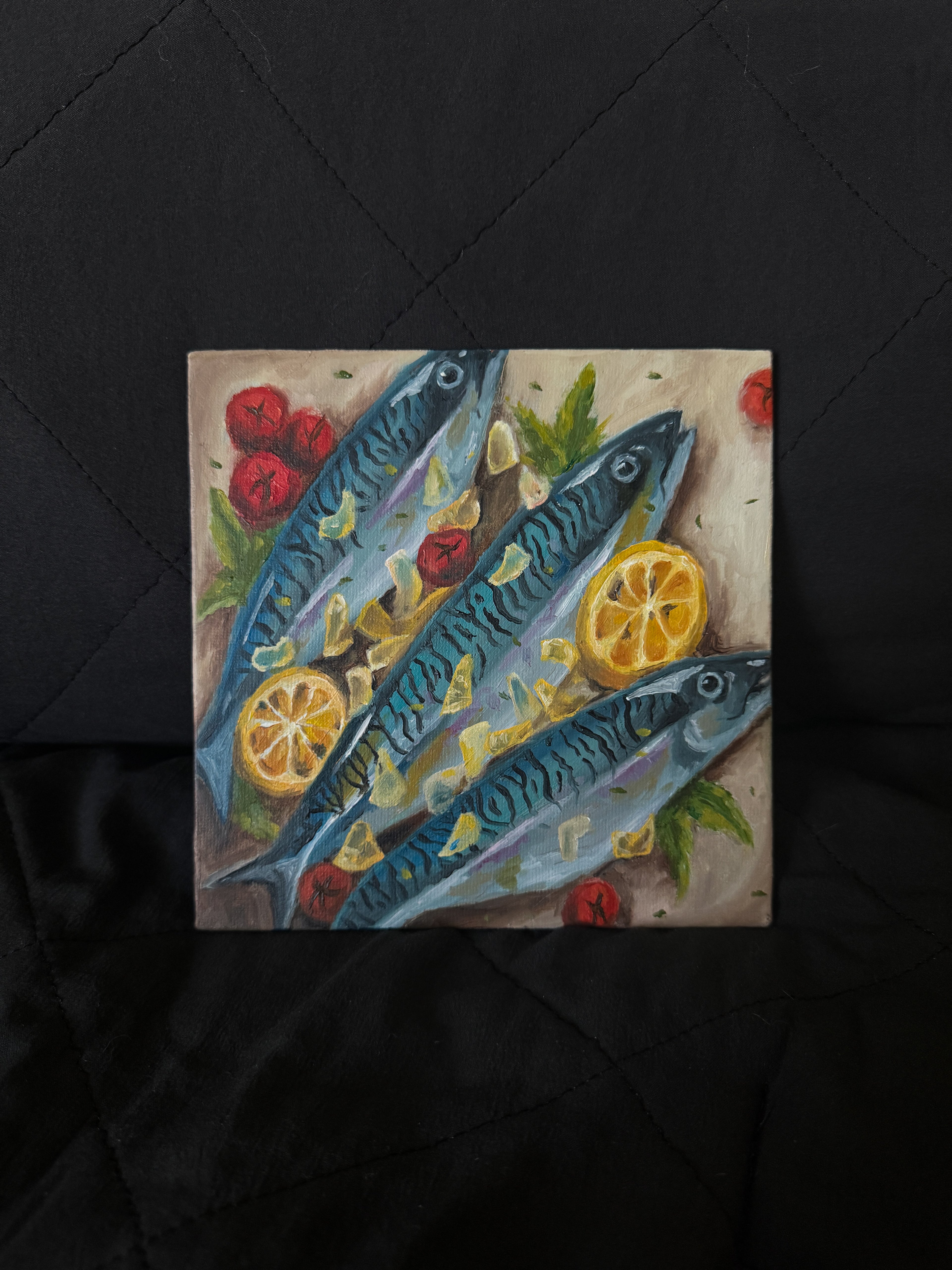 Oil Painting of mackerel fish with lemons and tomatoes on a dark background