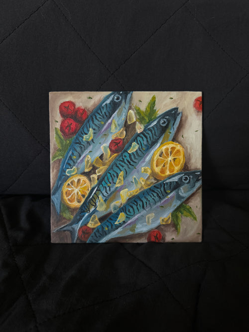 Oil Painting of mackerel fish with lemons and tomatoes on a dark background