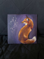 Painting of a fox on a purple background with ornamental elements