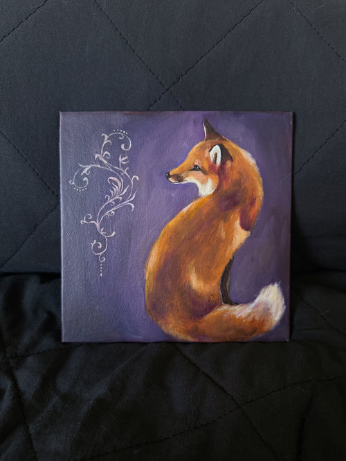 Painting of a fox on a purple background with ornamental elements