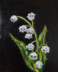 Painting of a flower with green leaves on a black background