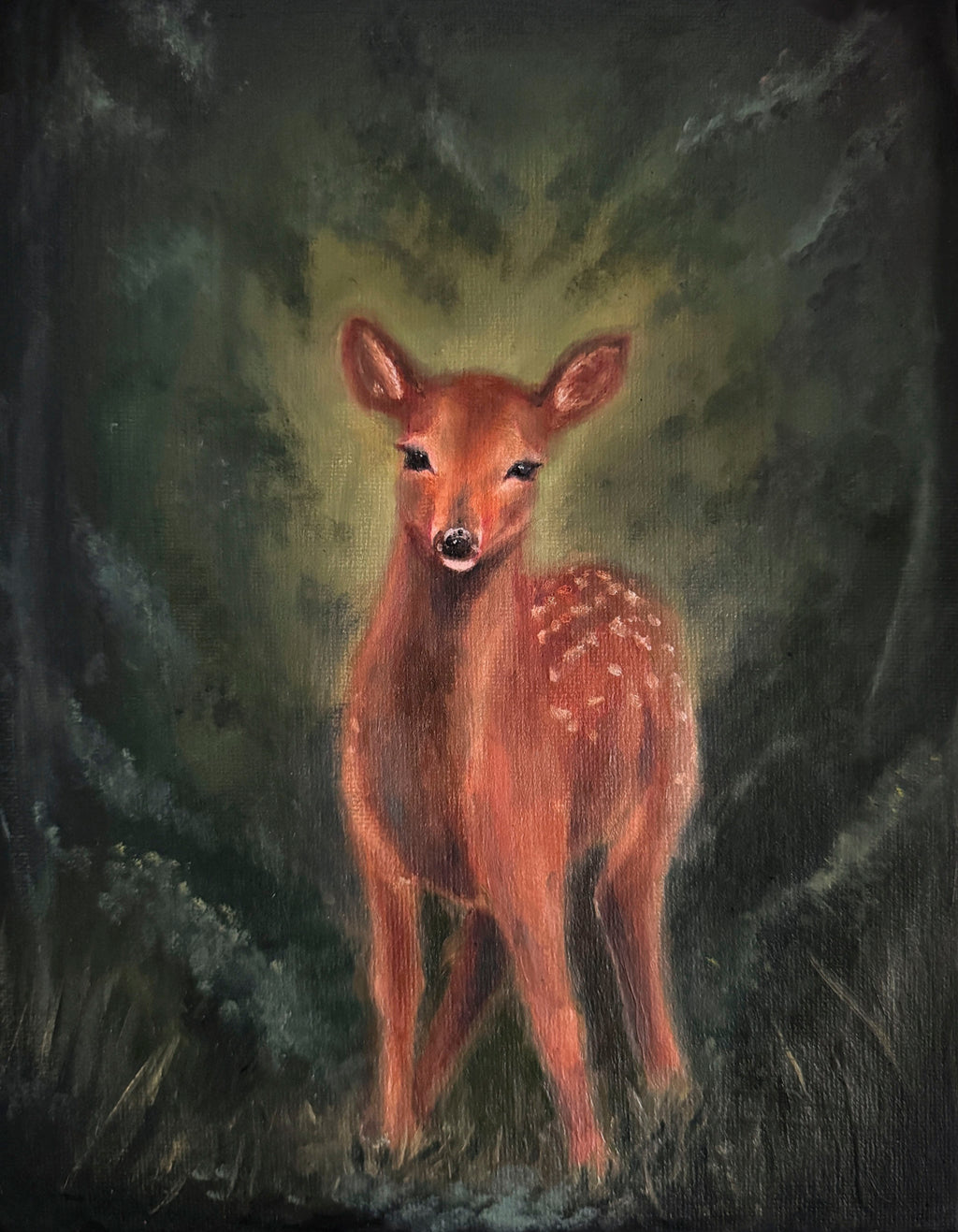 Oil Painting of a deer standing in a dark forest